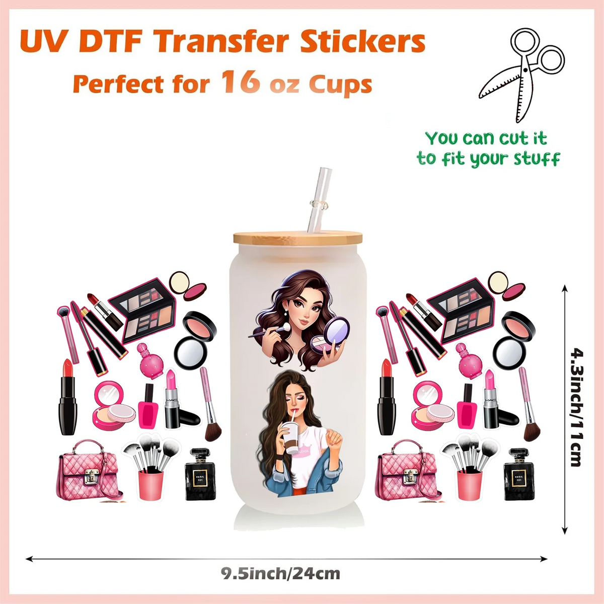 UV DTF transfer stickers for 16 oz cups featuring a woman and various makeup products