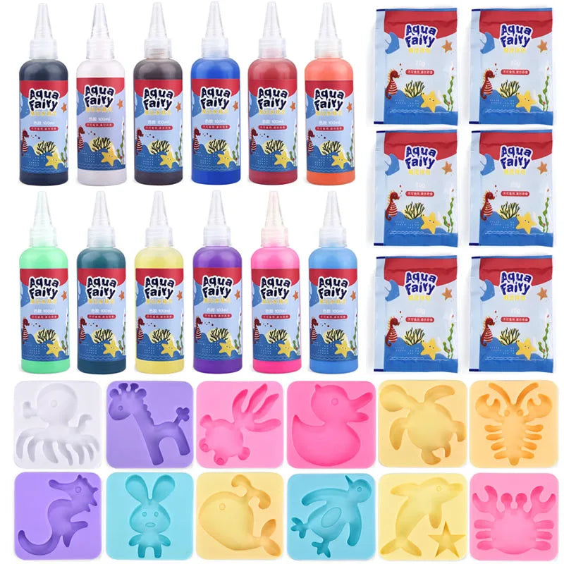 A collection of colorful Water Fairy magic DIY craft kits featuring various animal shapes and colors for children.