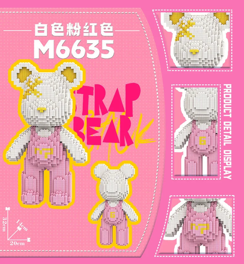 A pink and yellow micro building block set featuring a cute bear figure.
