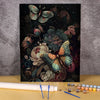 A painting by numbers kit featuring a floral butterfly canvas art design with rich greens, pinks, and deep purples.