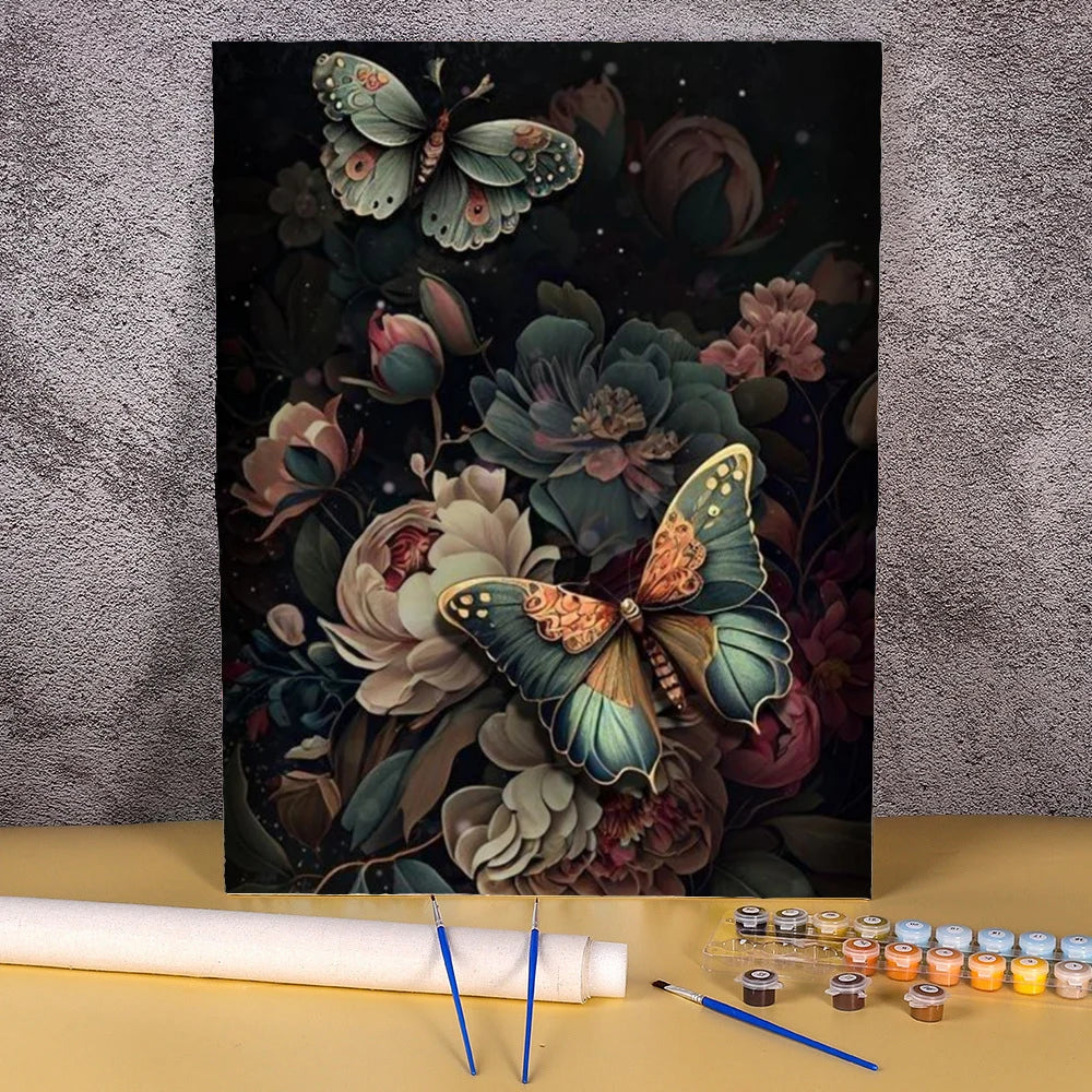 A painting by numbers kit featuring a floral butterfly canvas art design with rich greens, pinks, and deep purples.