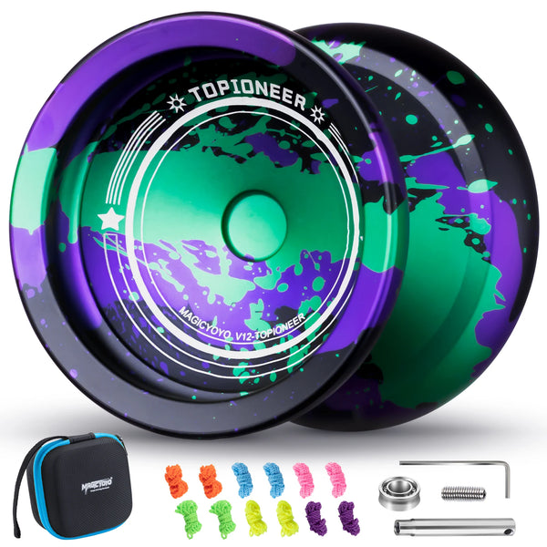 A set of green and purple To Pioneer yoyos, including the main product and accessories.