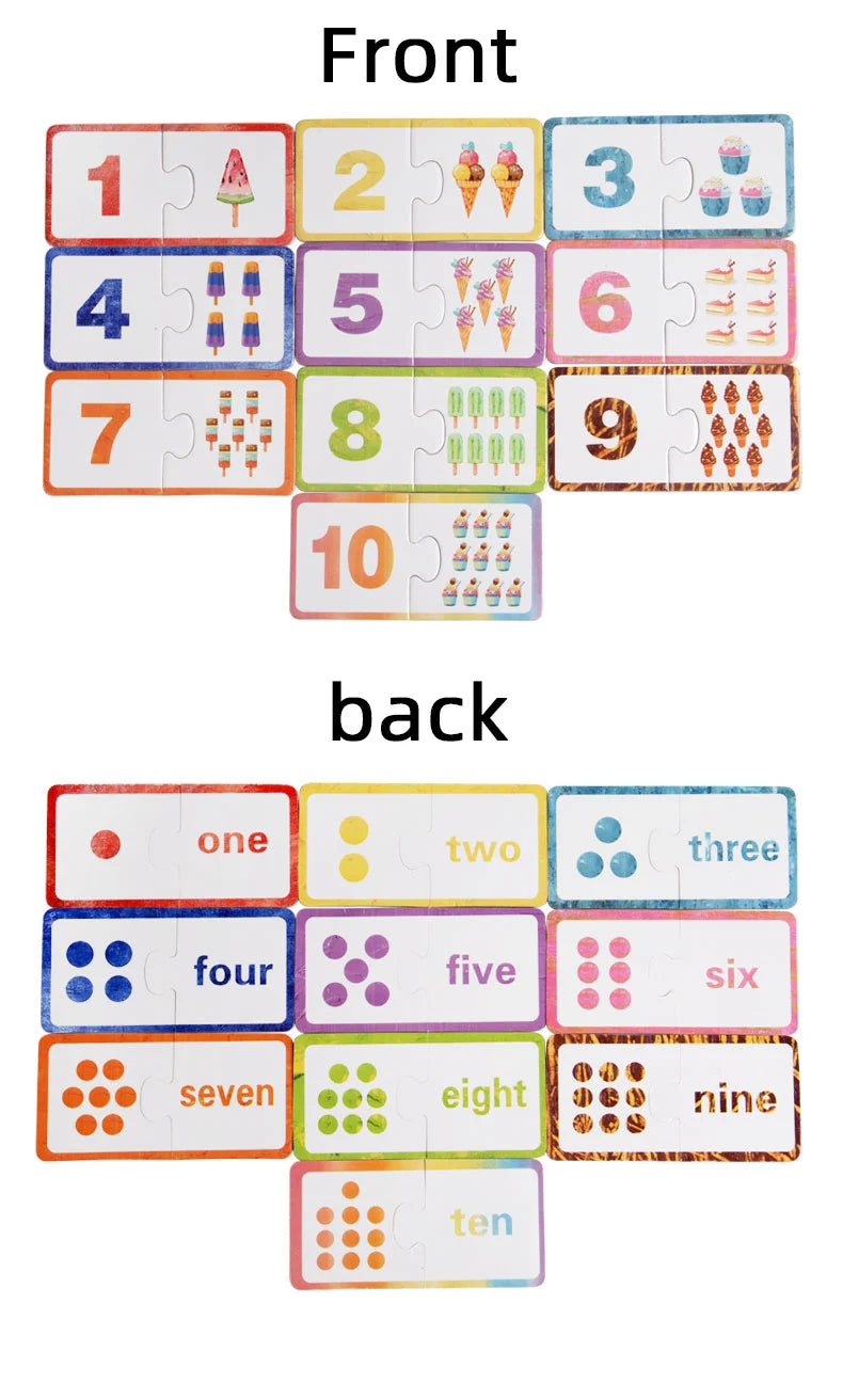 A set of wooden number matching puzzle cards showing numbers one through ten on the front and corresponding words on the back