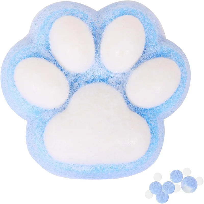 A white, cloud-shaped squishy toy molded into a cat paw print with blue accents.