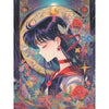 A vibrant illustration of a cartoon girl with dark hair and flowers, framed by a golden circle and colorful botanical element