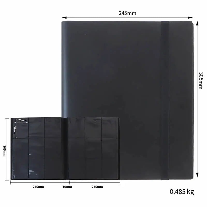 A black binder for card collections with a cover measuring 245mm by 305mm and weighing 0.485 kg.
