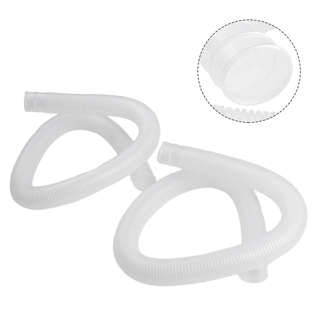 Two white replacement pool pump hoses for above-ground Intex systems shown with an inset detail.