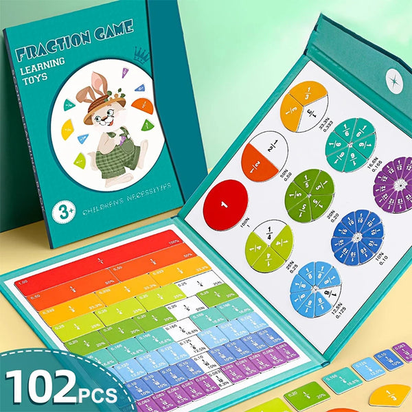 A set of 102 magnetic fraction tiles for learning math concepts displayed in a box.