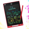 A red writing tablet displaying the text I'm HAPPY written in neon green lines, with various dinosaur and nature doodles.