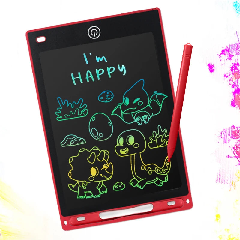 A red writing tablet displaying the text I'm HAPPY written in neon green lines, with various dinosaur and nature doodles.