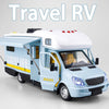 A light blue Travel RV model featuring a white roof and yellow accents.