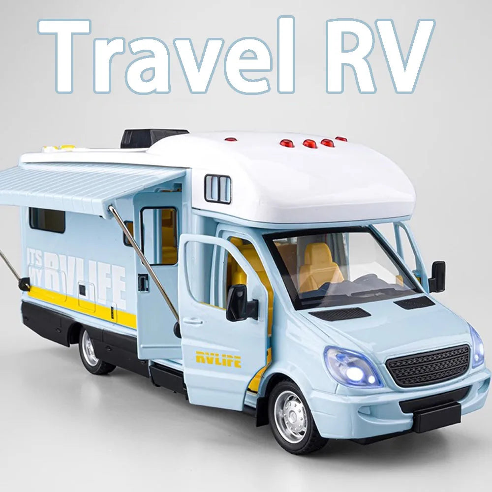 A light blue Travel RV model featuring a white roof and yellow accents.