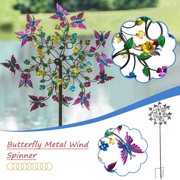 A metal butterfly wind spinner with colorful, iridescent butterflies and flowers, shown against a blurred outdoor background.
