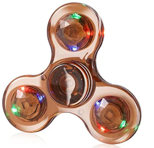 A translucent, multi-colored glow-in-the-dark LED fidget spinner with four rotating discs.