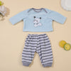 A light blue long-sleeved top and striped gray pants set for a baby doll.