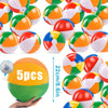 A collection of five colorful inflatable beach balls in orange, green, and white are shown against a white background.