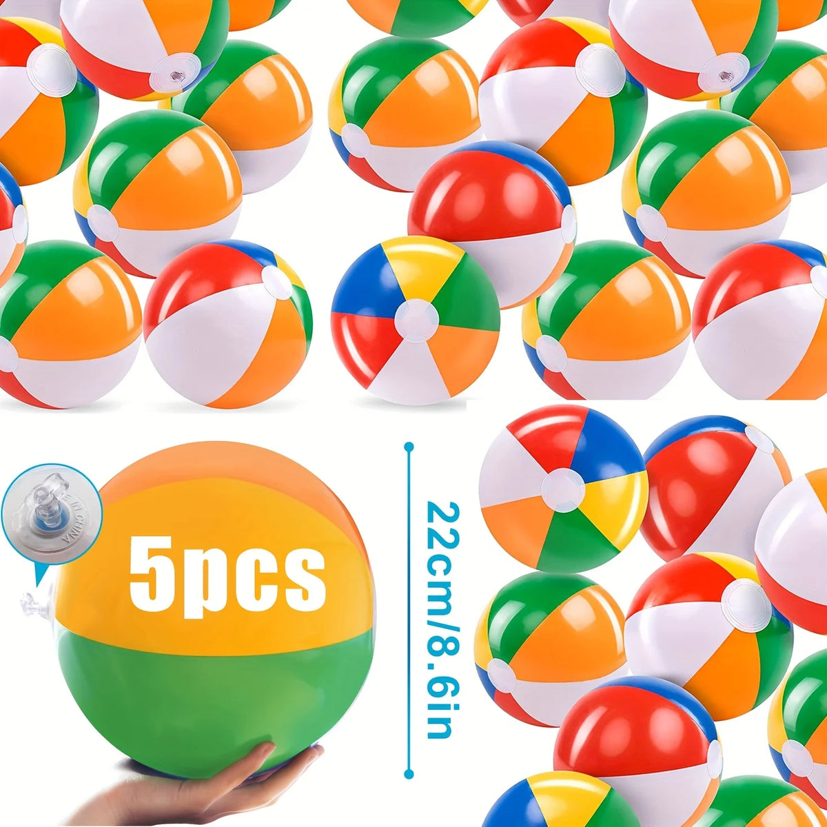 A collection of five colorful inflatable beach balls in orange, green, and white are shown against a white background.