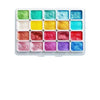 A palette of twenty metal watercolor paints in various shades of green, blue, yellow, and red.