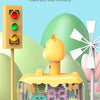 A yellow gear car toy designed for toddlers, featuring light-up gears and a traffic light backdrop.