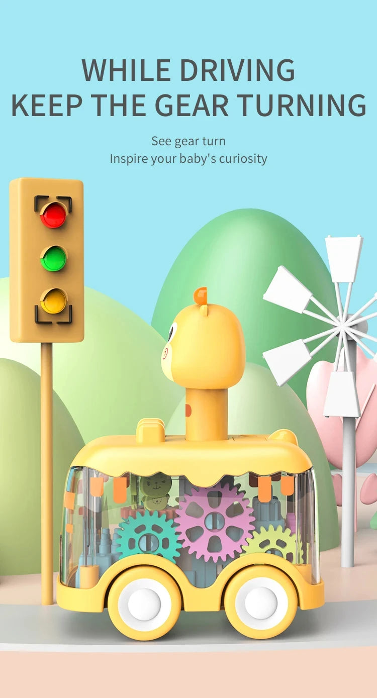 A yellow gear car toy designed for toddlers, featuring light-up gears and a traffic light backdrop.