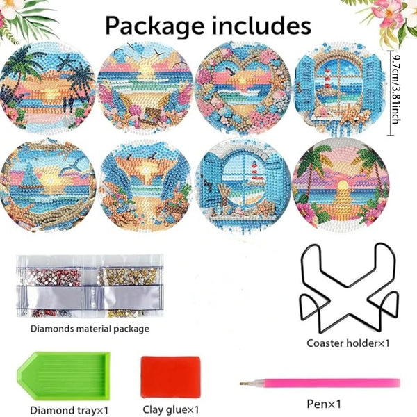A package of diamond painting coasters includes various colored stones, a coaster holder, and a pencil.