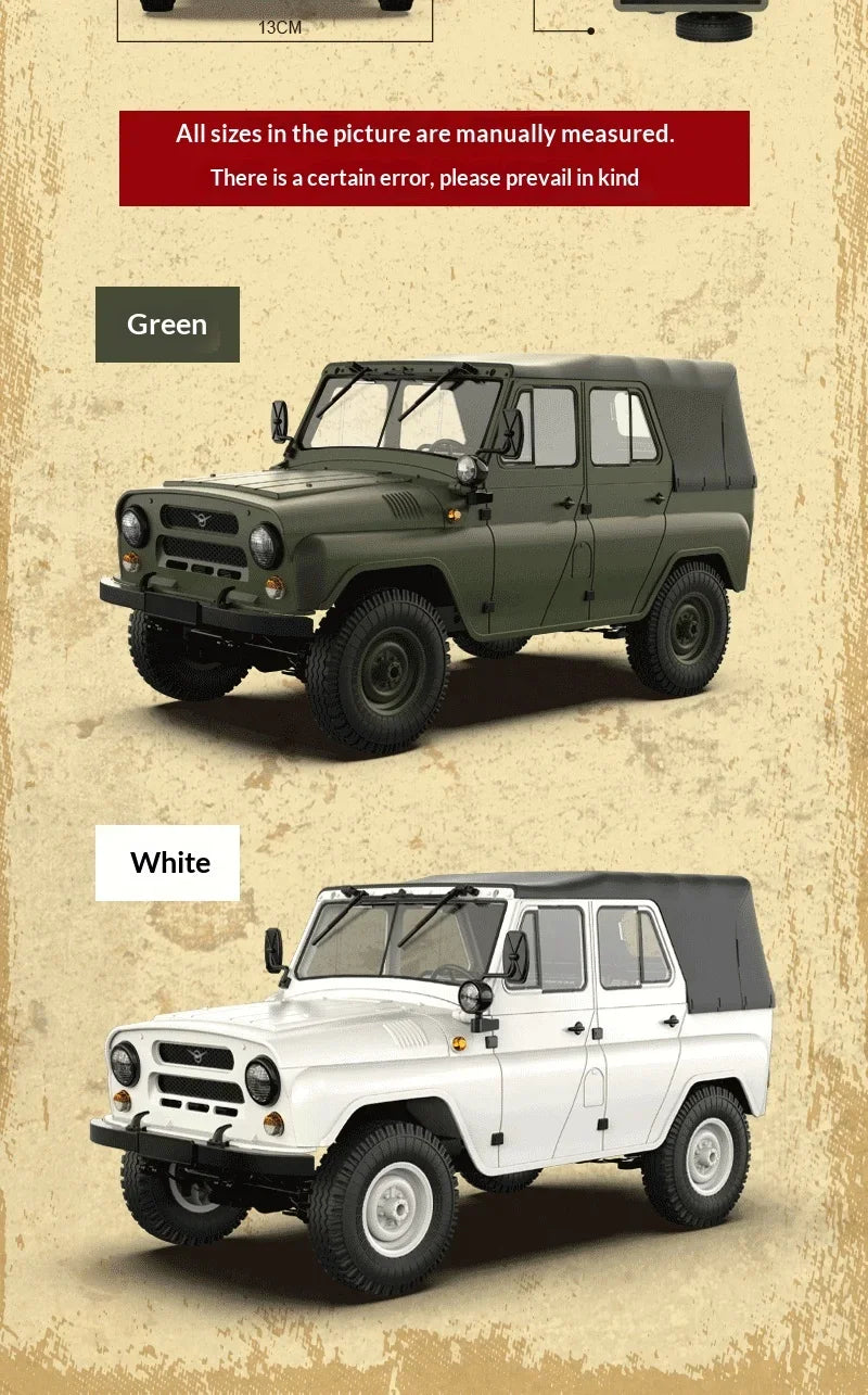 A green WPL 1/12 scale RC rock crawler truck and a white version are shown side by side.