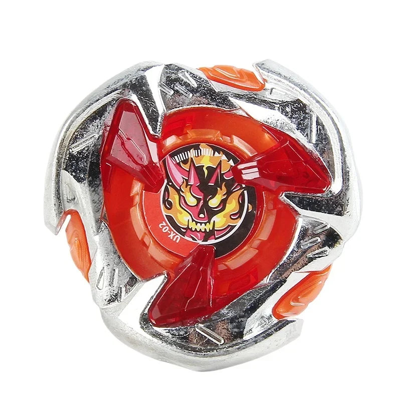 A silver metal spinning top featuring a red and black design with a fiery face pattern.