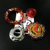 A set of magnetic spinning tops featuring red and gold designs, including rings and a disc.