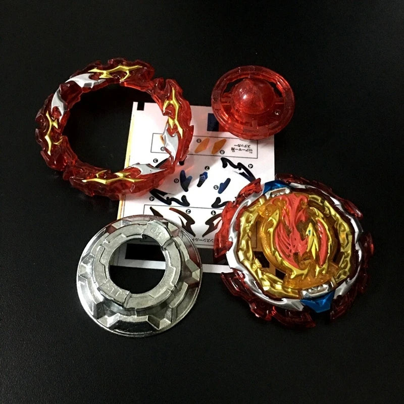 A set of magnetic spinning tops featuring red and gold designs, including rings and a disc.