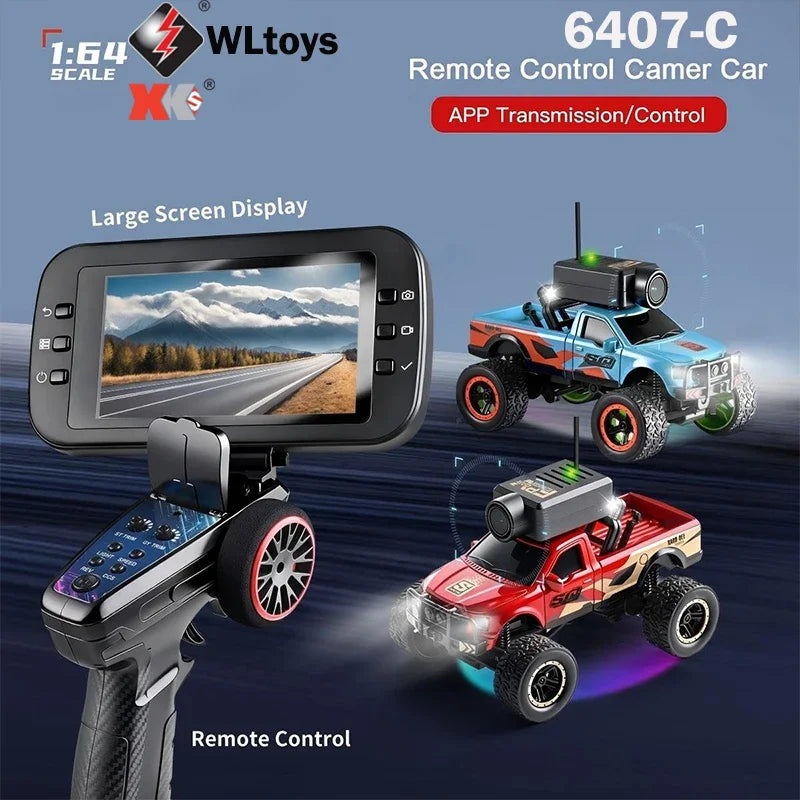 A remote controlled 1:64 scale monster truck with a large screen display and FPV camera is shown.