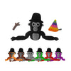 A collection of various colored monkey plush toys with black hats and a purple gorilla plush toy.