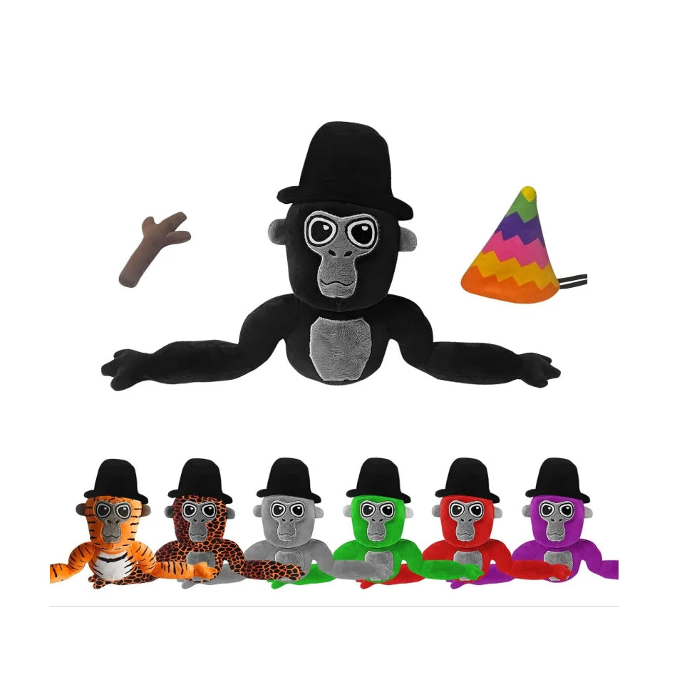 A collection of various colored monkey plush toys with black hats and a purple gorilla plush toy.
