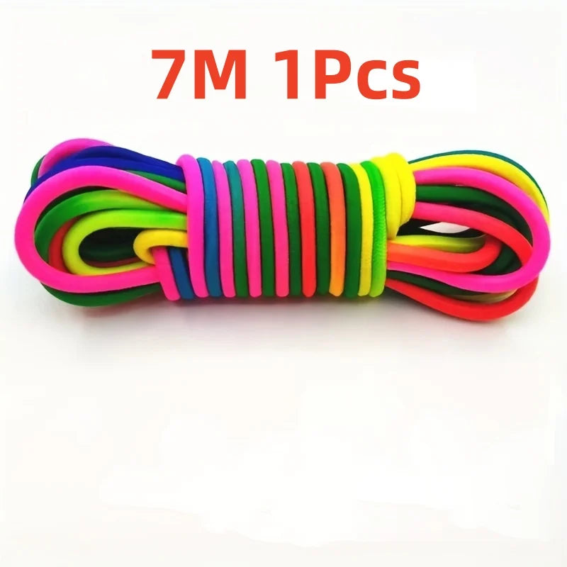 A colorful set of 7M elastic jump ropes in various bright colors, bundled together.