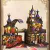 A detailed wooden miniature rail-track city dollhouse kit featuring an ornate building and train display.