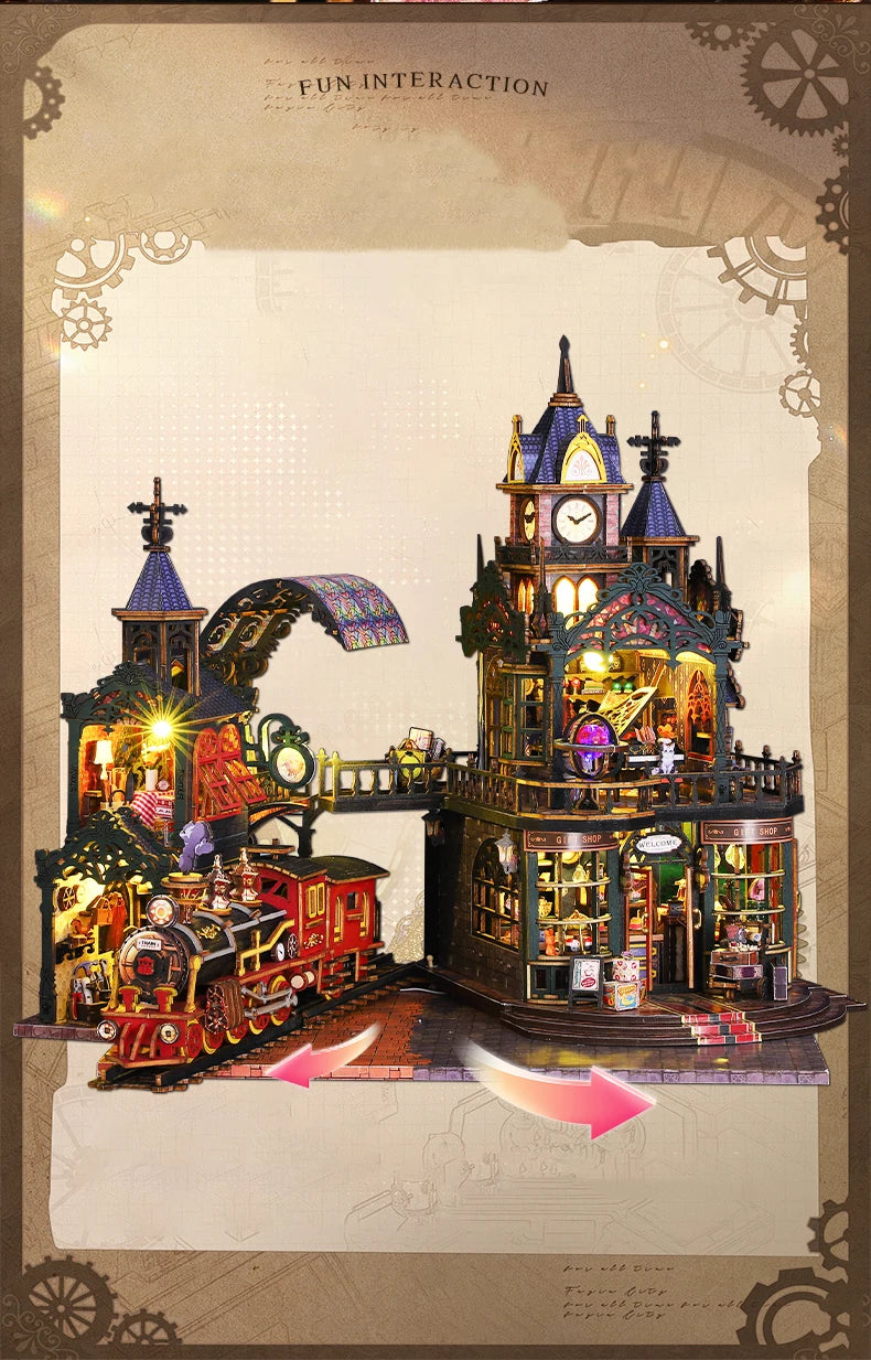 A detailed wooden miniature rail-track city dollhouse kit featuring an ornate building and train display.