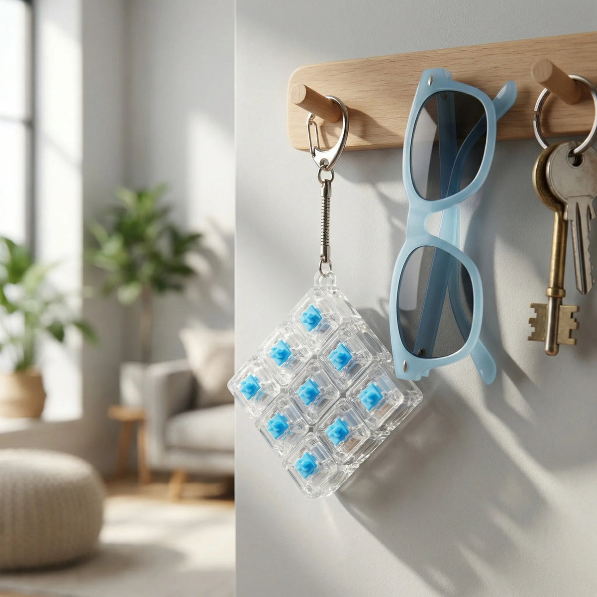 A clear silicone fidget keychain with blue LED lights is hanging on a wooden rack next to a pair of sunglasses and keys.