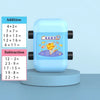 A light blue roller stamp for math practice showing addition and subtraction problems.