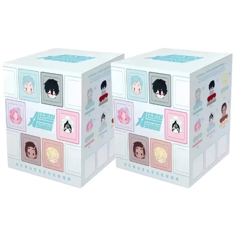 A white blind box collectible featuring mini figures of characters from Alien Stage.