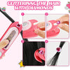 A pink hair tool kit showing steps for glittering hair with diamonds, including a stamper and hair strands.