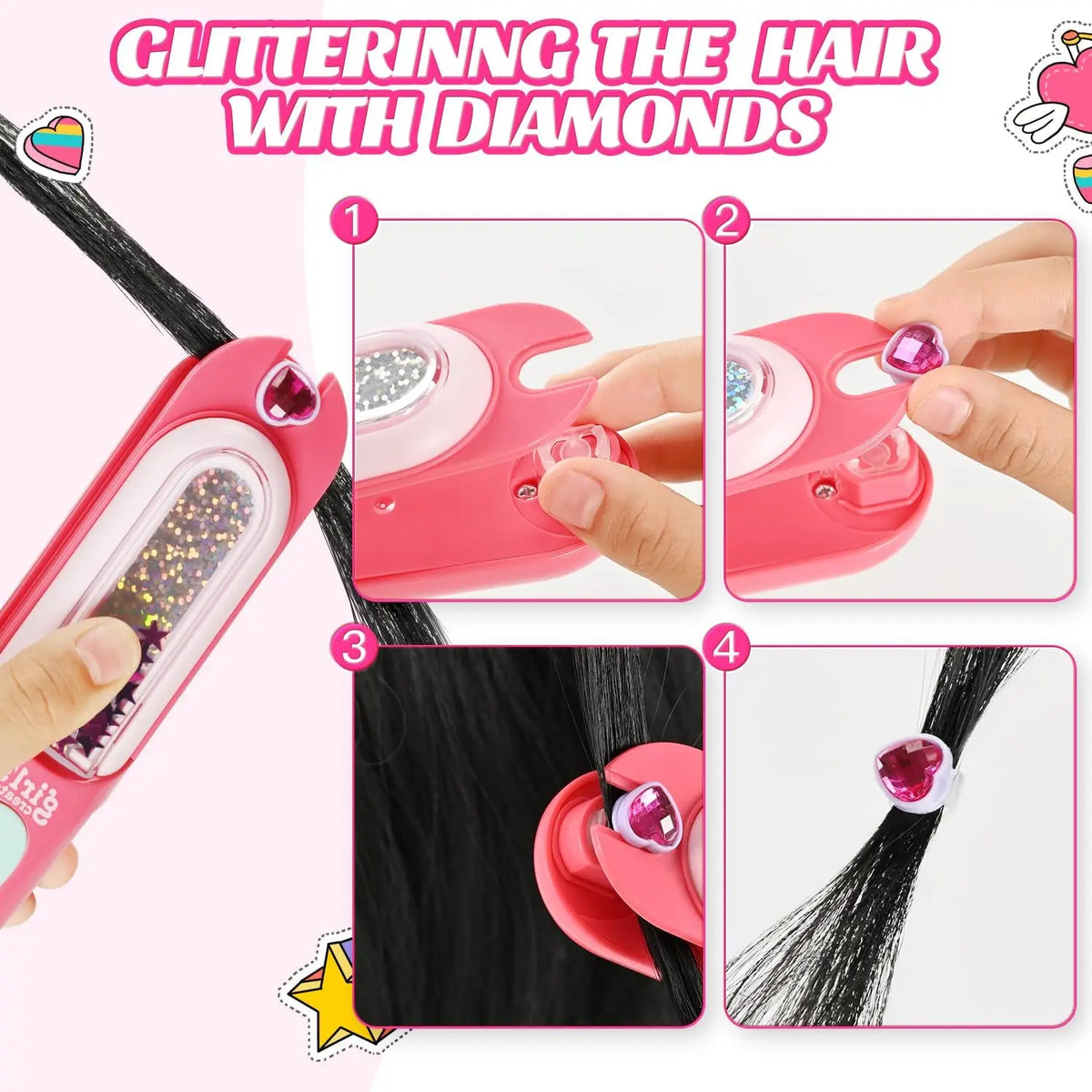 A pink hair tool kit showing steps for glittering hair with diamonds, including a stamper and hair strands.