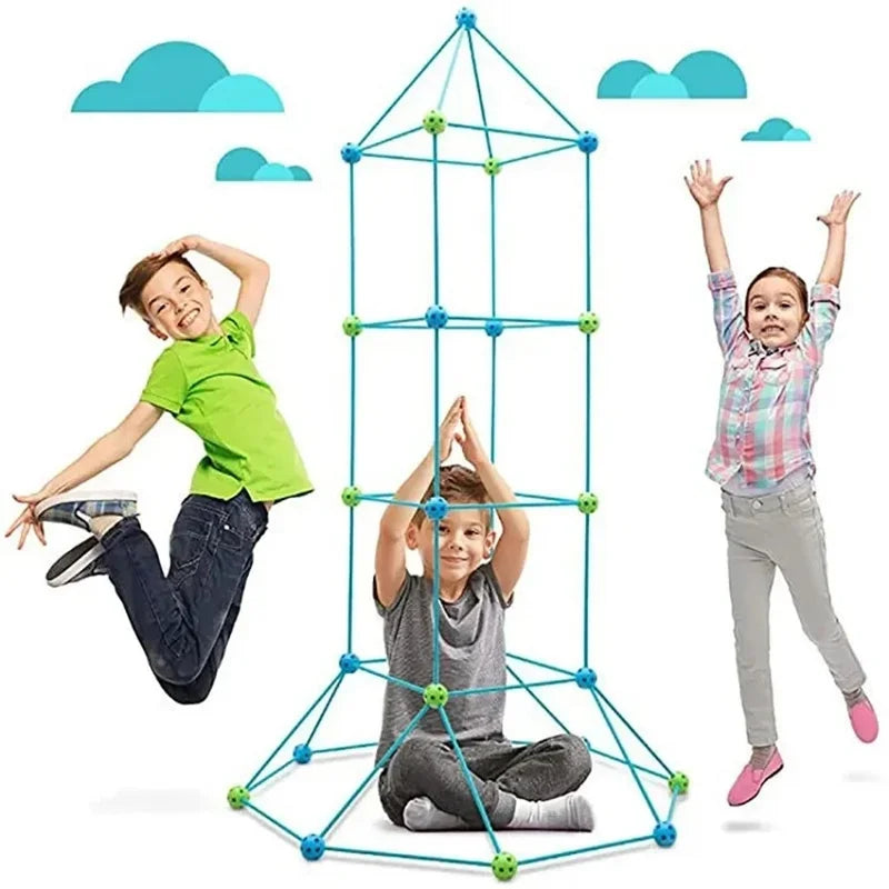A set of creative building blocks forming a geometric tent structure for children.