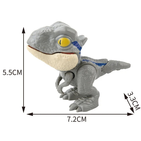 A gray finger dinosaur fidget toy with movable joints and a yellow eye.