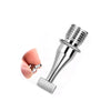 A close-up view of a stainless steel diamond painting pen with a threaded tip being held by a finger.
