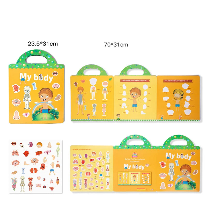 A set of reusable cartoon sticker books for kids featuring various scenes and characters.