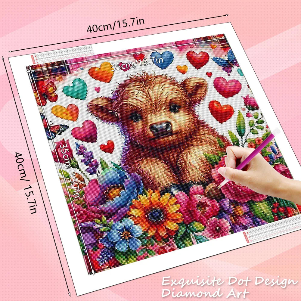 A diamond painting kit featuring a detailed bear design with colorful heart shapes and floral elements.