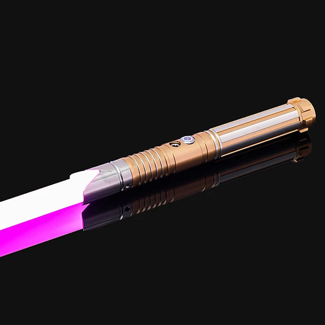 An RGB metal lightsaber with a removable blade and sound effects, shown against a black background.