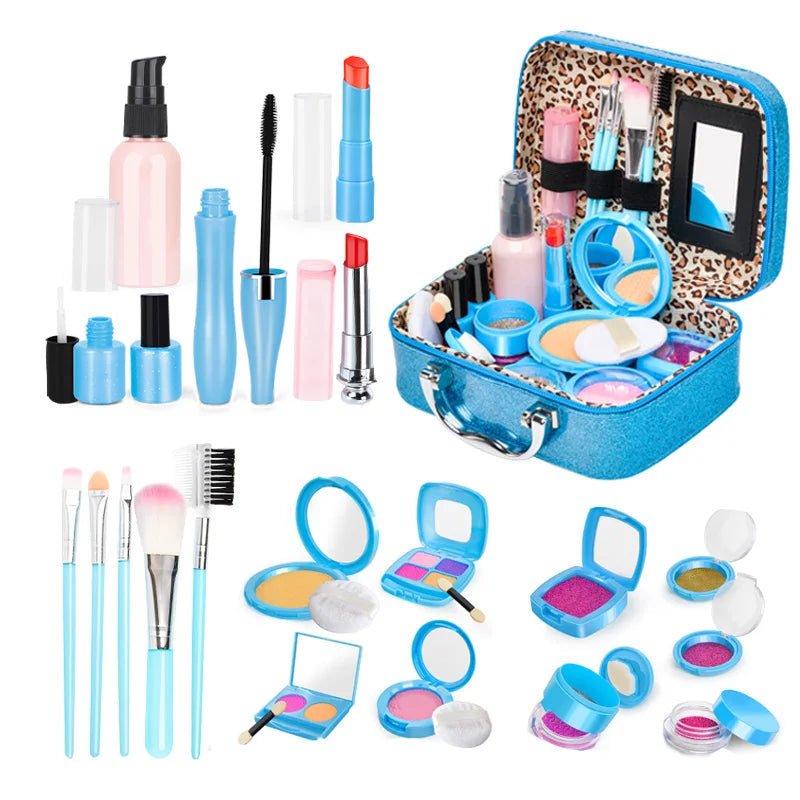 A collection of kids pretend play makeup tools including bottles, brushes, palettes, and a mirror in a blue case.
