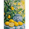A painting of green leaves and yellow lemons on a canvas.