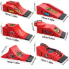 A set of red finger skateboard park ramps and rails shown in various angles.