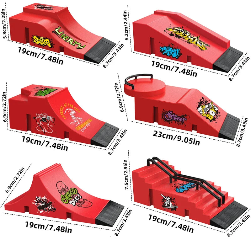 A set of red finger skateboard park ramps and rails shown in various angles.